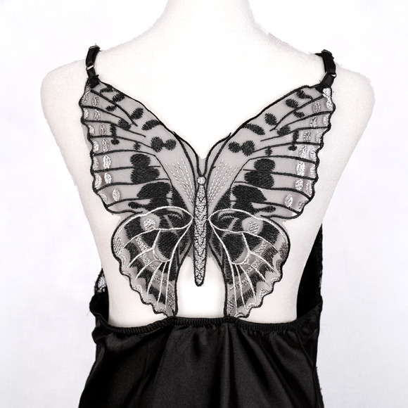 Unbranded Dresses & Skirts - Black Satin Slip Dress Sheer Butterfly Lace LARGE Fairycore Whimsigoth Romantic